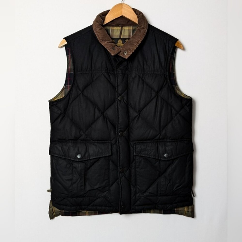 Barbour Black Quilted Vest with Brown Corduroy Collar